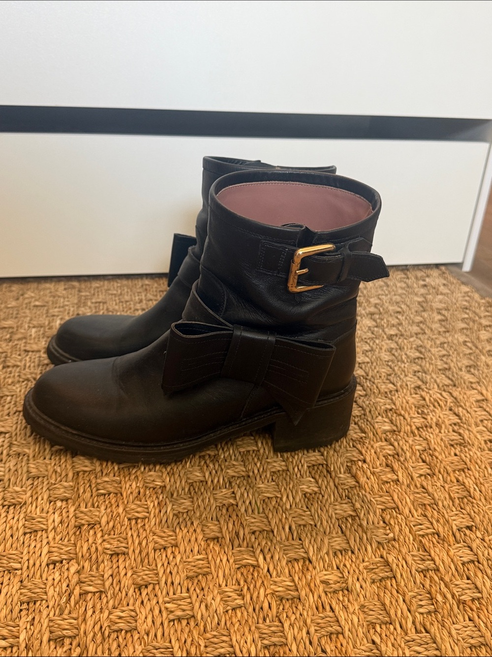 Valentino Black Leather Ankle Boots with Bow and Gold Buckle